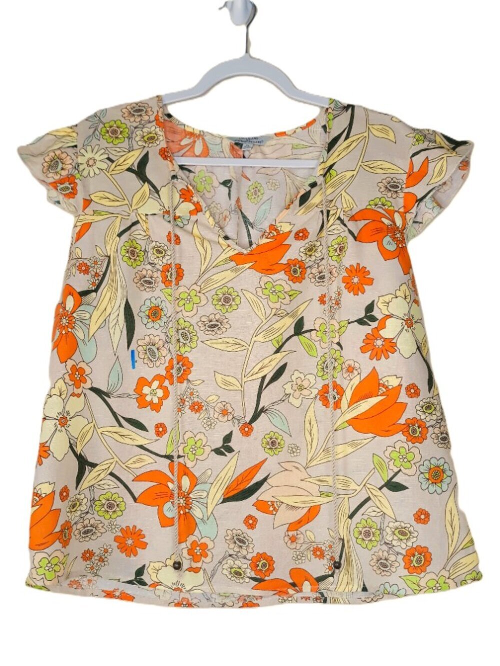 Boho Floral Linen Blend Top Orange Tropical - Picture 8 of 9